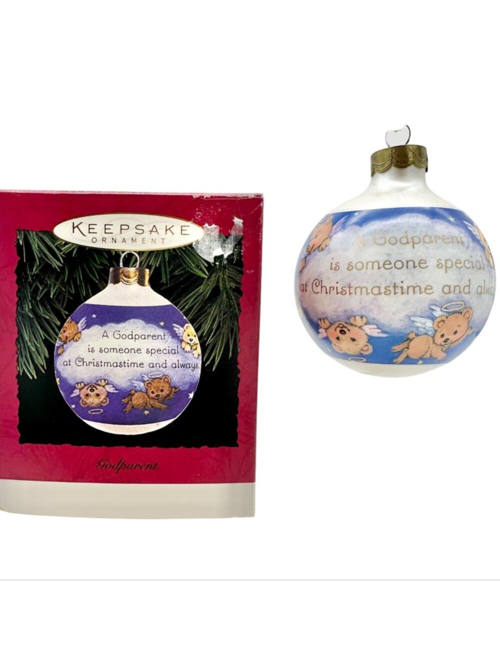 Hallmark Keepsake 1995 Godparent Glass Ornament With Angel Bears and Sentiment